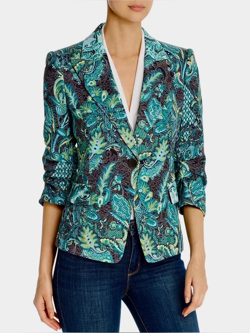 Kobi Halperin Sherene Paisley Ruched Sleeve Blazer Emerald Jacquard Paisley, L